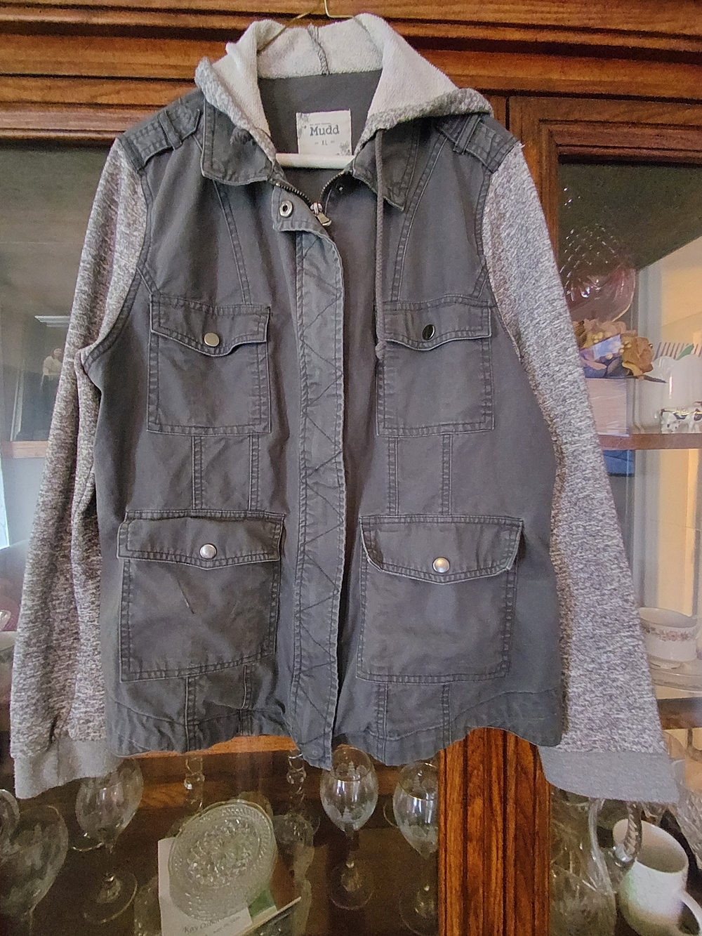 Mudd Women's Gray Utility Jacket with Knit Sleeves